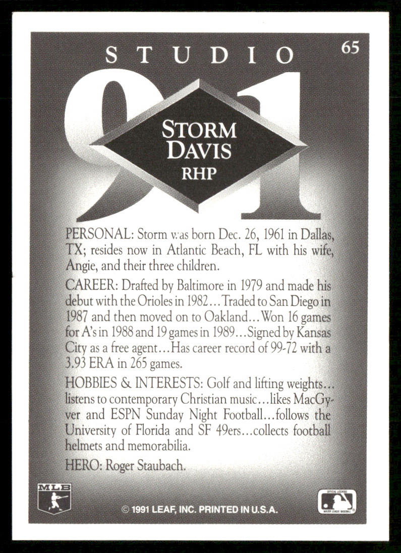 Storm Davis 1991 Studio #65 Kansas City Royals back