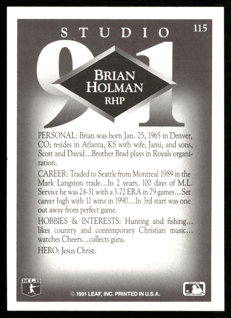 Brian Holman 1991 Studio #115 Seattle Mariners back