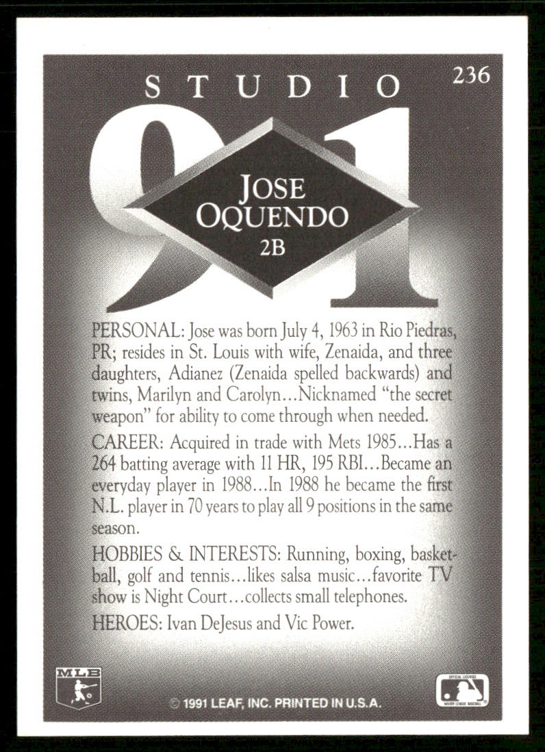 Jose Oquendo 1991 Studio #236 St. Louis Cardinals back
