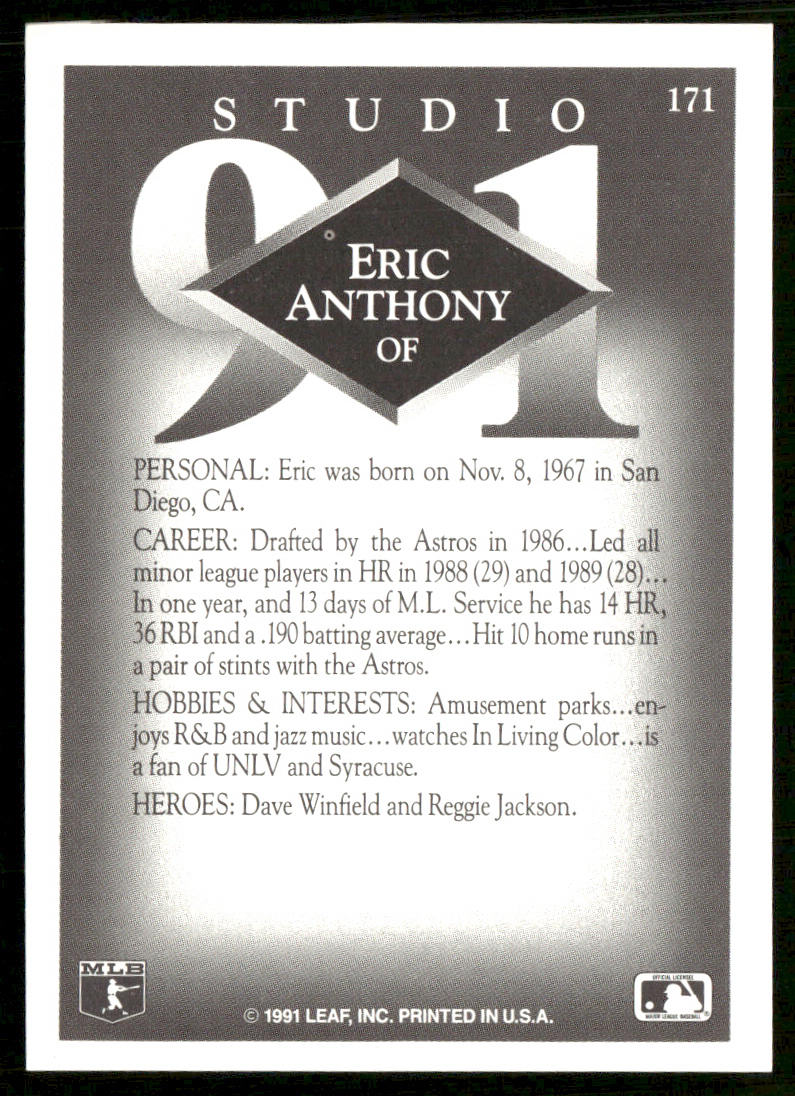 Eric Anthony 1991 Studio #171 Houston Astros back