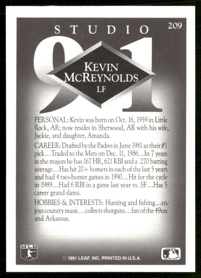 Kevin McReynolds 1991 Studio #209 New York Mets back