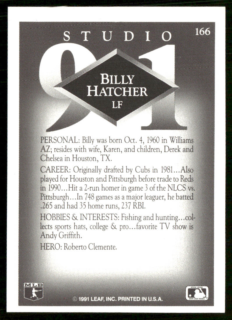 Billy Hatcher 1991 Studio #166 Cincinnati Reds back