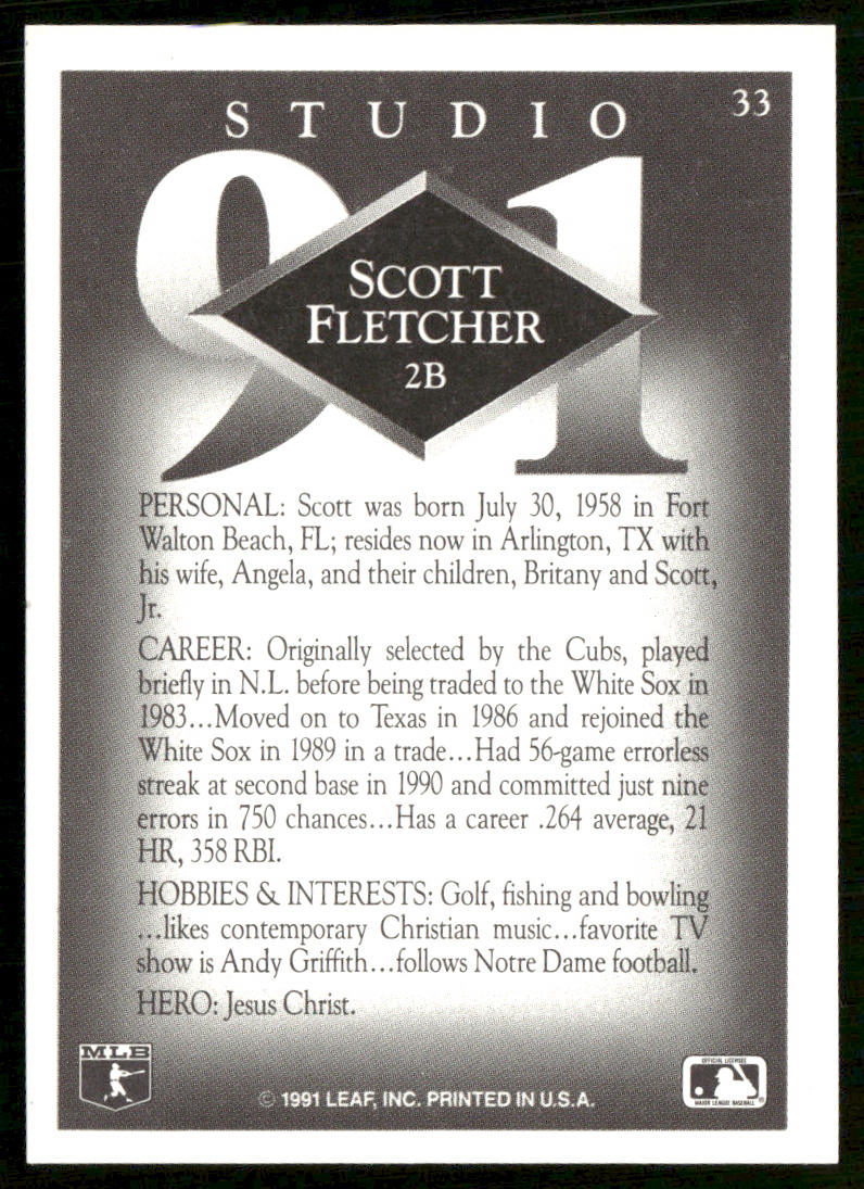 Scott Fletcher 1991 Studio #33 Chicago White Sox back