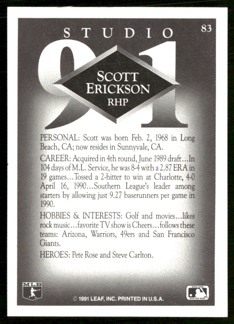 Scott Erickson 1991 Studio #83 Minnesota Twins back