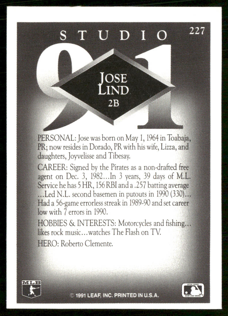 Jose Lind 1991 Studio #227 Pittsburgh Pirates back