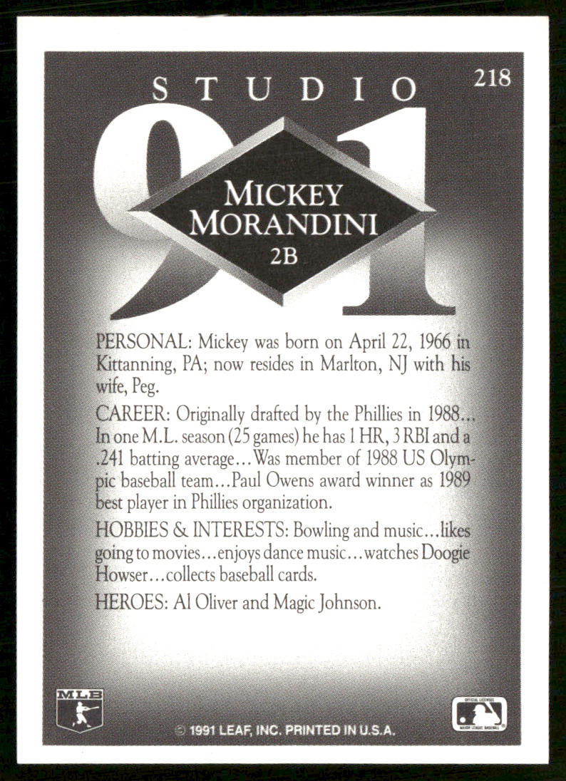 Mickey Morandini 1991 Studio #218 Philadelphia Phillies back