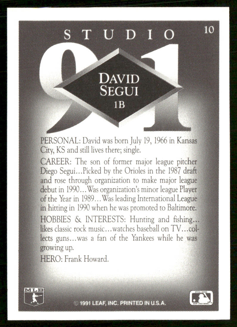David Segui 1991 Studio #10 Baltimore Orioles back