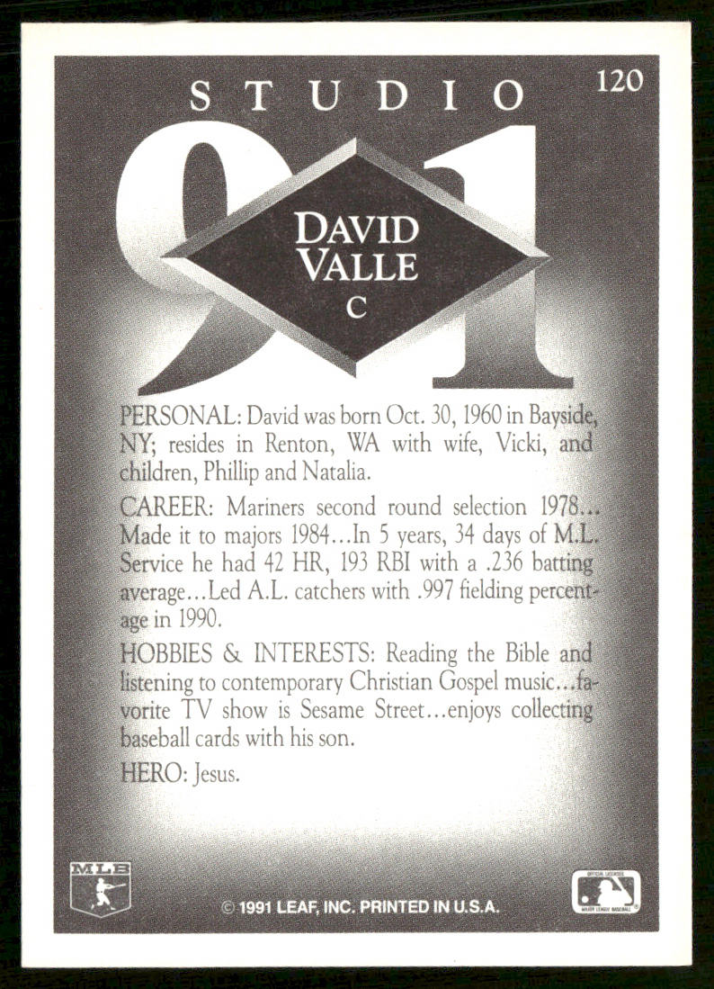 David Valle 1991 Studio #120 Seattle Mariners back