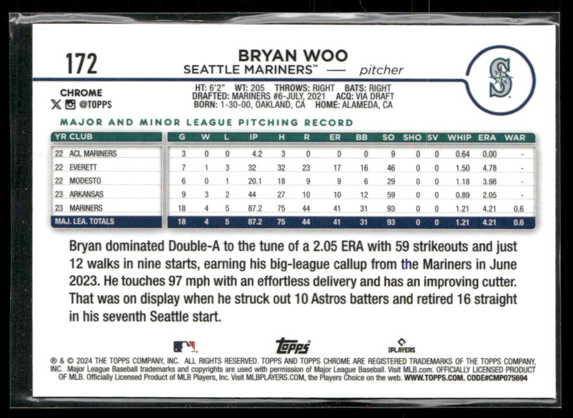 Bryan Woo 2024 Topps Chrome #172 RC Seattle Mariners