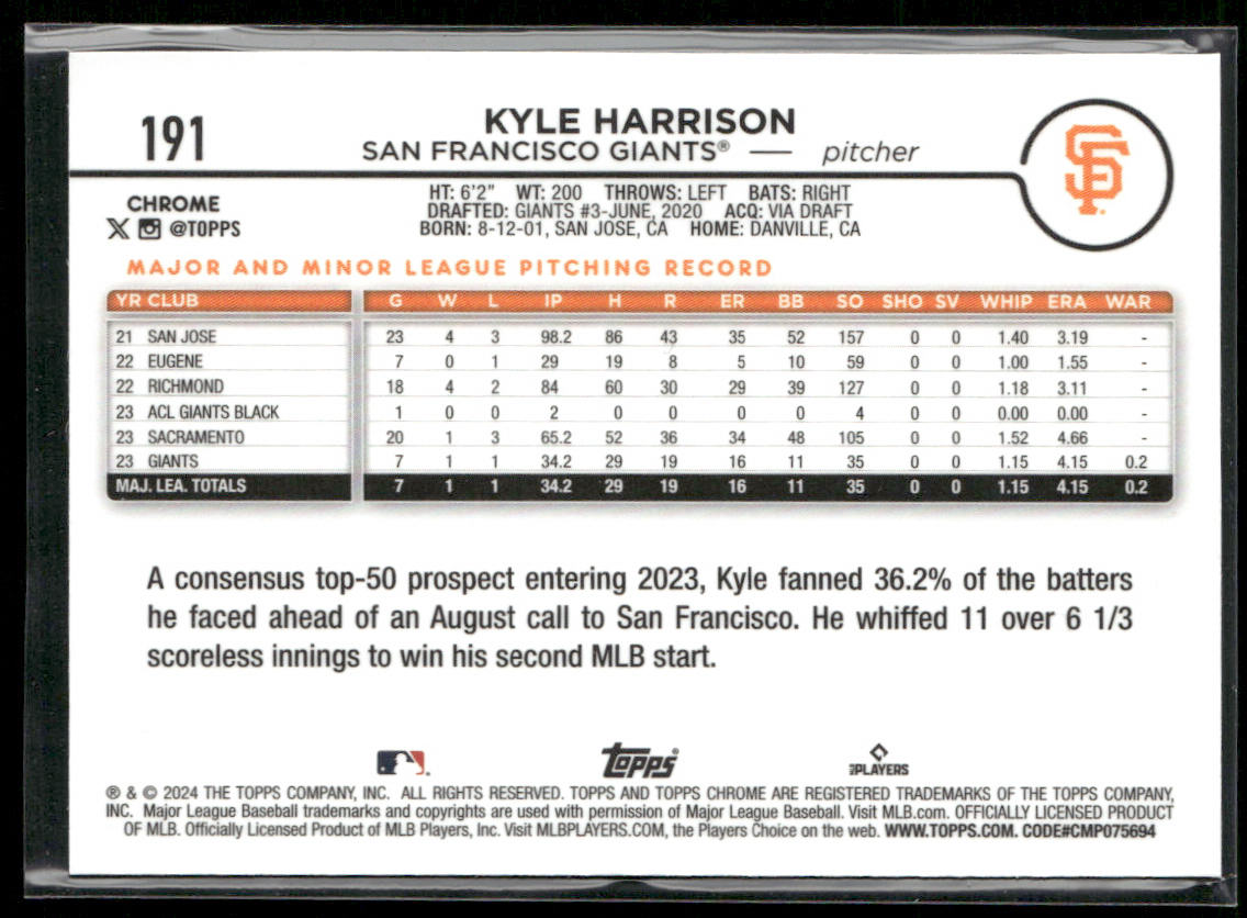 Kyle Harrison 2024 Topps Chrome #191 RC San Francisco Giants