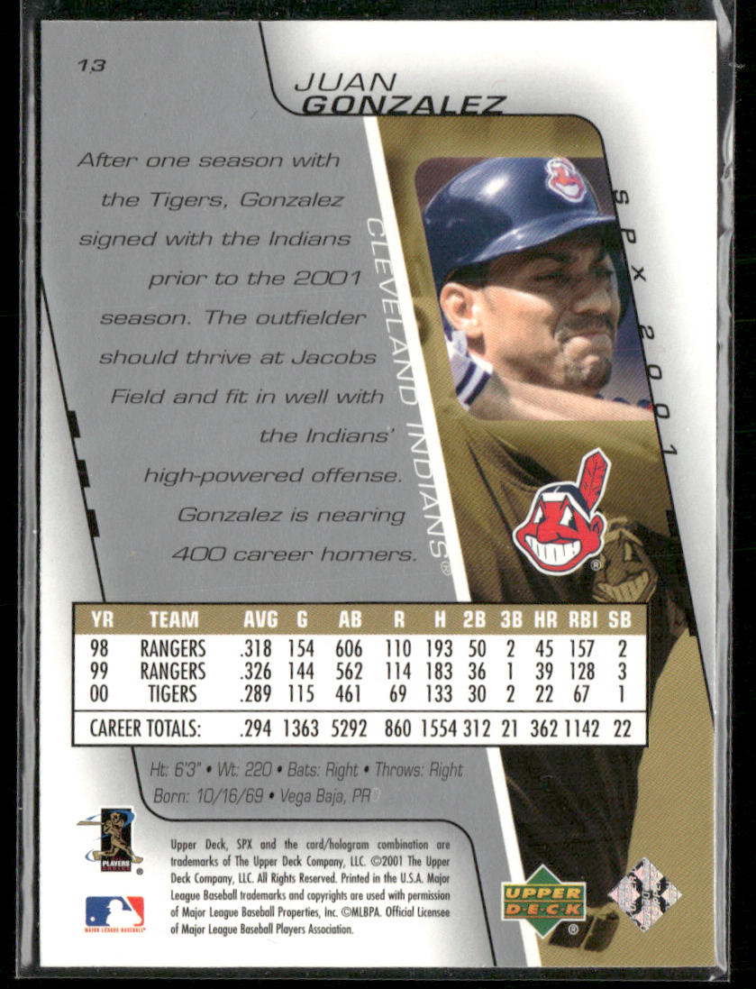 Juan Gonzalez 2001 SPx #13 Cleveland Indians back