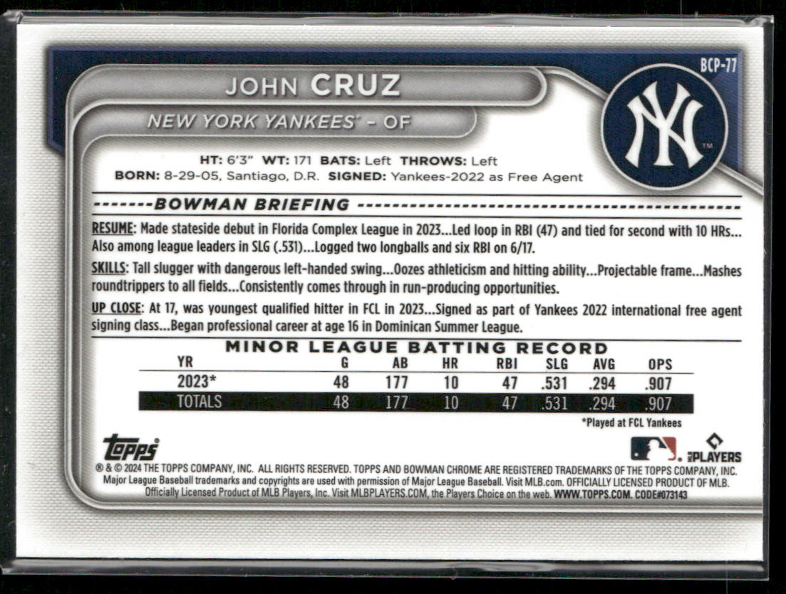 John Cruz 2024 Bowman Chrome Prospects #BCP-77 New York Yankees