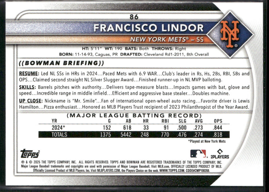 Francisco Lindor 2025 Bowman #86 New York Mets