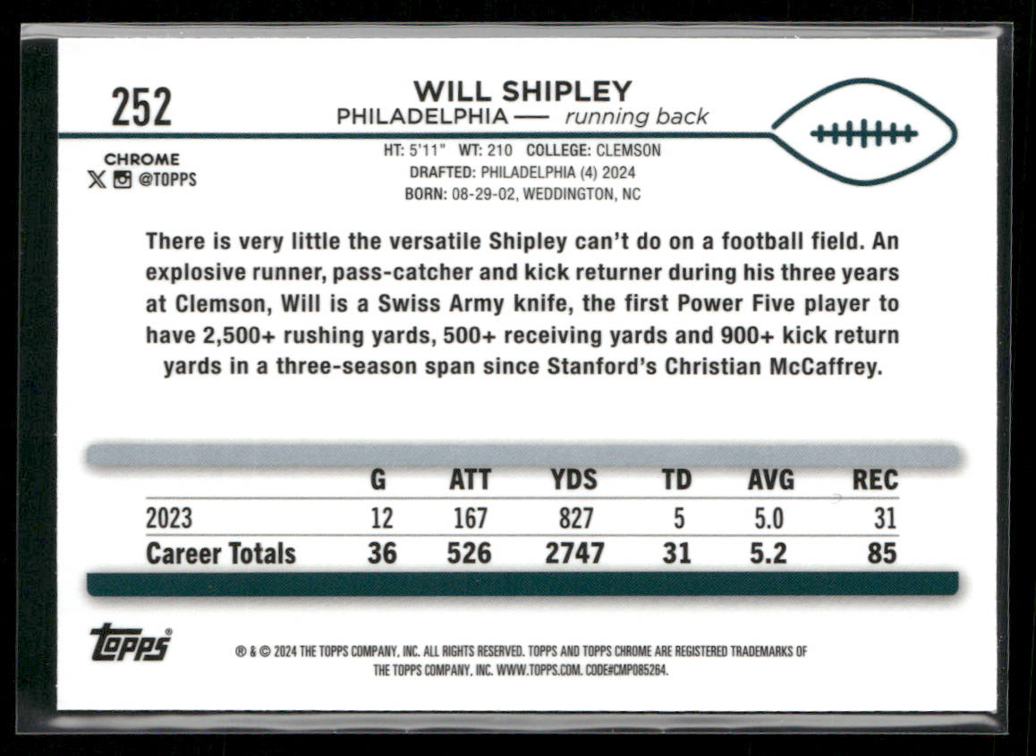 Will Shipley 2024 Topps Chrome #252 RC Philadelphia Eagles