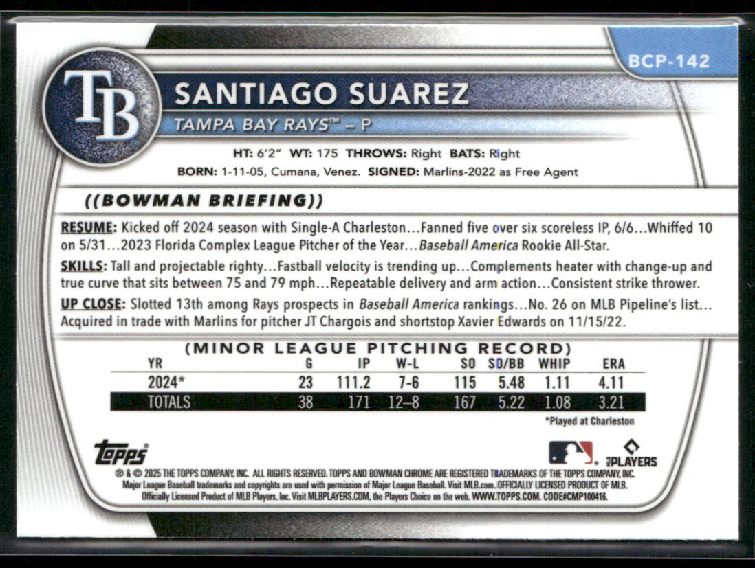 Santiago Suarez 2025 Bowman Chrome Prospects Mini Diamond Refractor #BCP-142