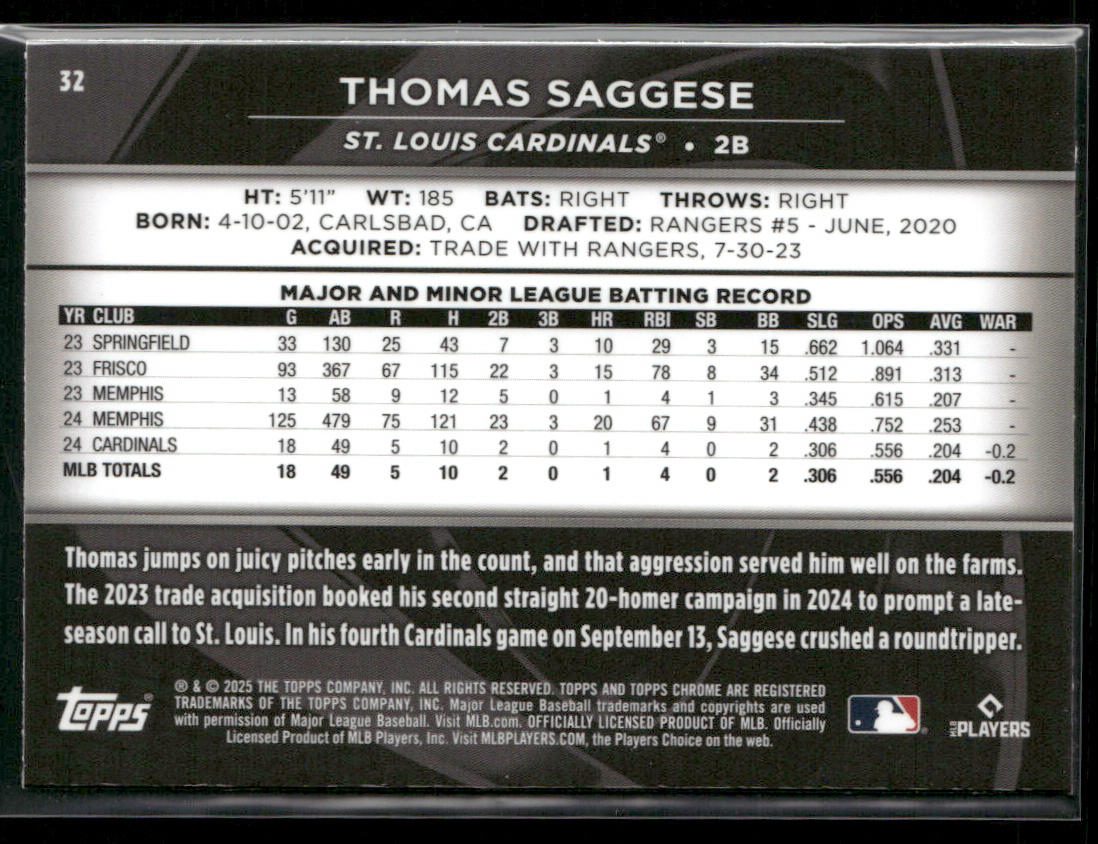 Thomas Saggese 2025 Topps Chrome Black #32 RC St. Louis Cardinals