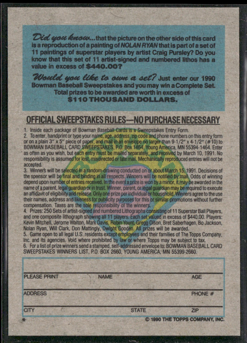 Nolan Ryan 1990 Bowman Sweepstakes #NNO Texas Rangers