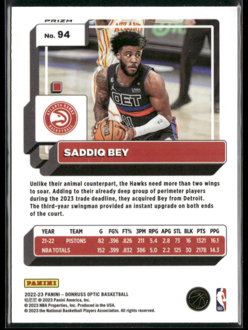 Saddiq Bey 2022-23 Donruss Optic Holo #94 Atlanta Hawks