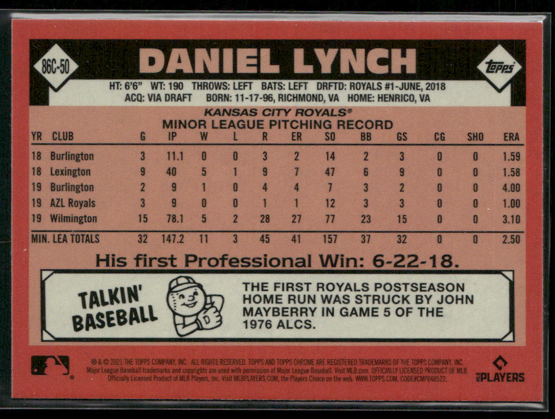 Daniel Lynch 2021 Topps Update 1986 Topps Chrome #86C-50 Kansas City Royals