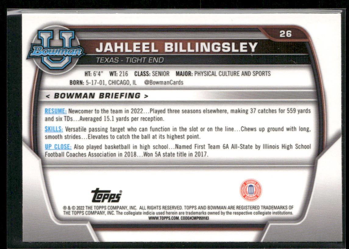 Jahleel Billingsley 2022 Bowman University Chrome Pink Refractor #26 Longhorns