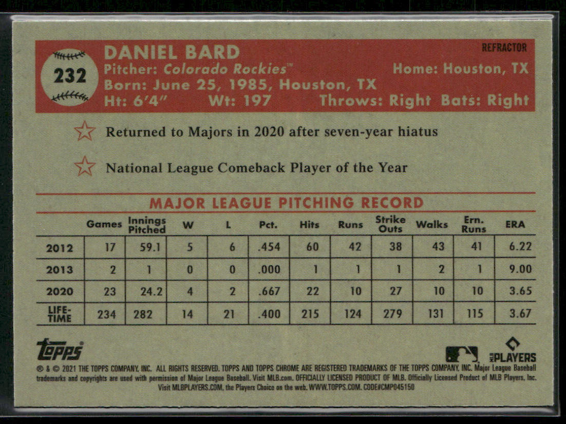 Daniel Bard 2021 Topps Chrome Platinum Anniversary Refractor #232