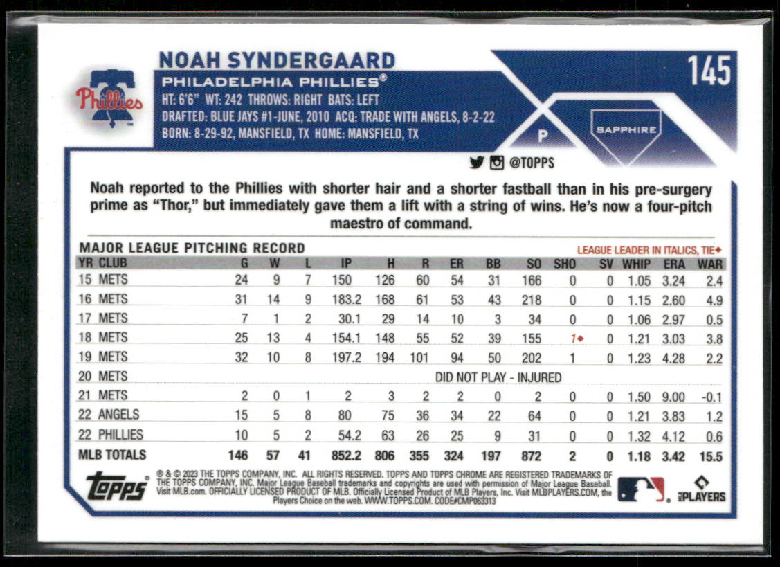 Noah Syndergaard 2023 Topps Chrome Sapphire Edition #145 Philadelphia Phillies