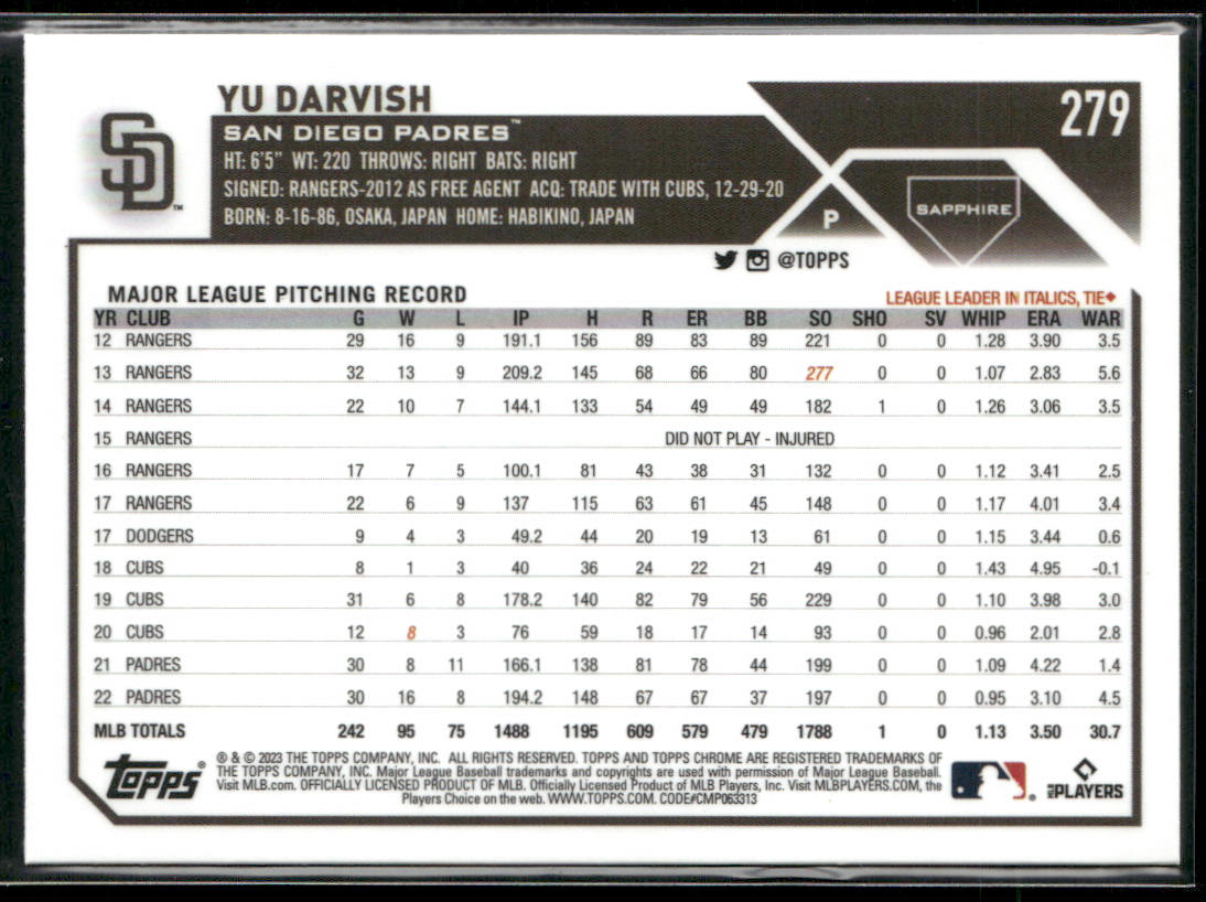 Yu Darvish 2023 Topps Chrome Sapphire Edition #279 San Diego Padres