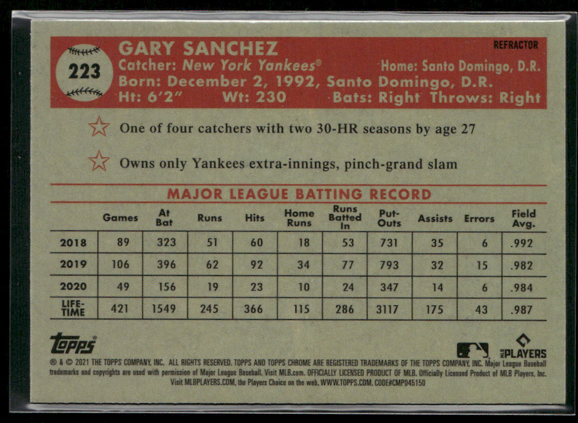 Gary Sanchez 2021 Topps Chrome Platinum Anniversary Prism Refractor #223 Yankees