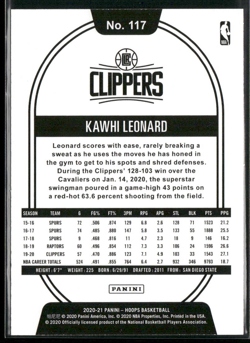 Kawhi Leonard 2020-21 Hoops Winter #117 Los Angeles Clippers