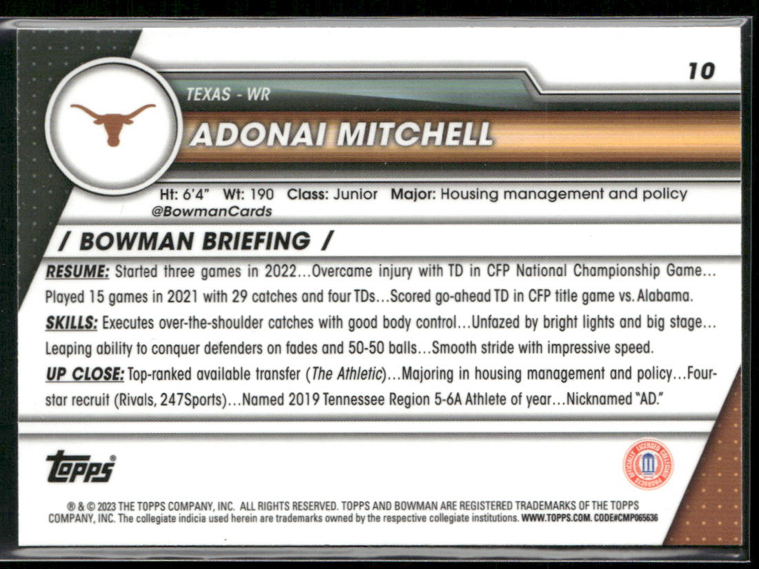 Adonai Mitchell 2023 Bowman University Chrome #10 Texas Longhorns
