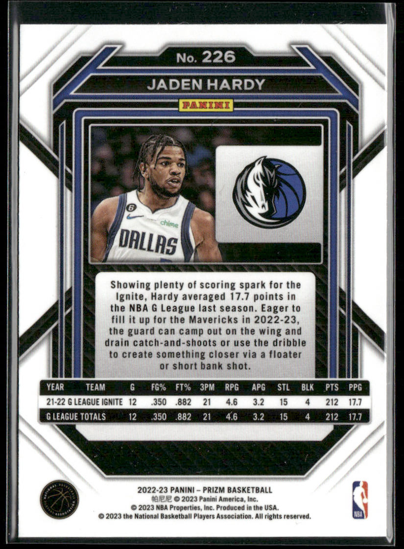 Jaden Hardy 2022-23 Panini Prizm #226 RC Dallas Mavericks