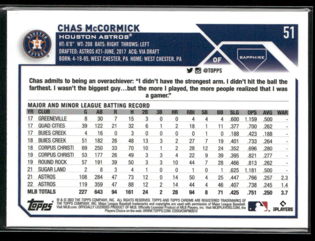Chas McCormick 2023 Topps Chrome Sapphire Edition #51 Houston Astros