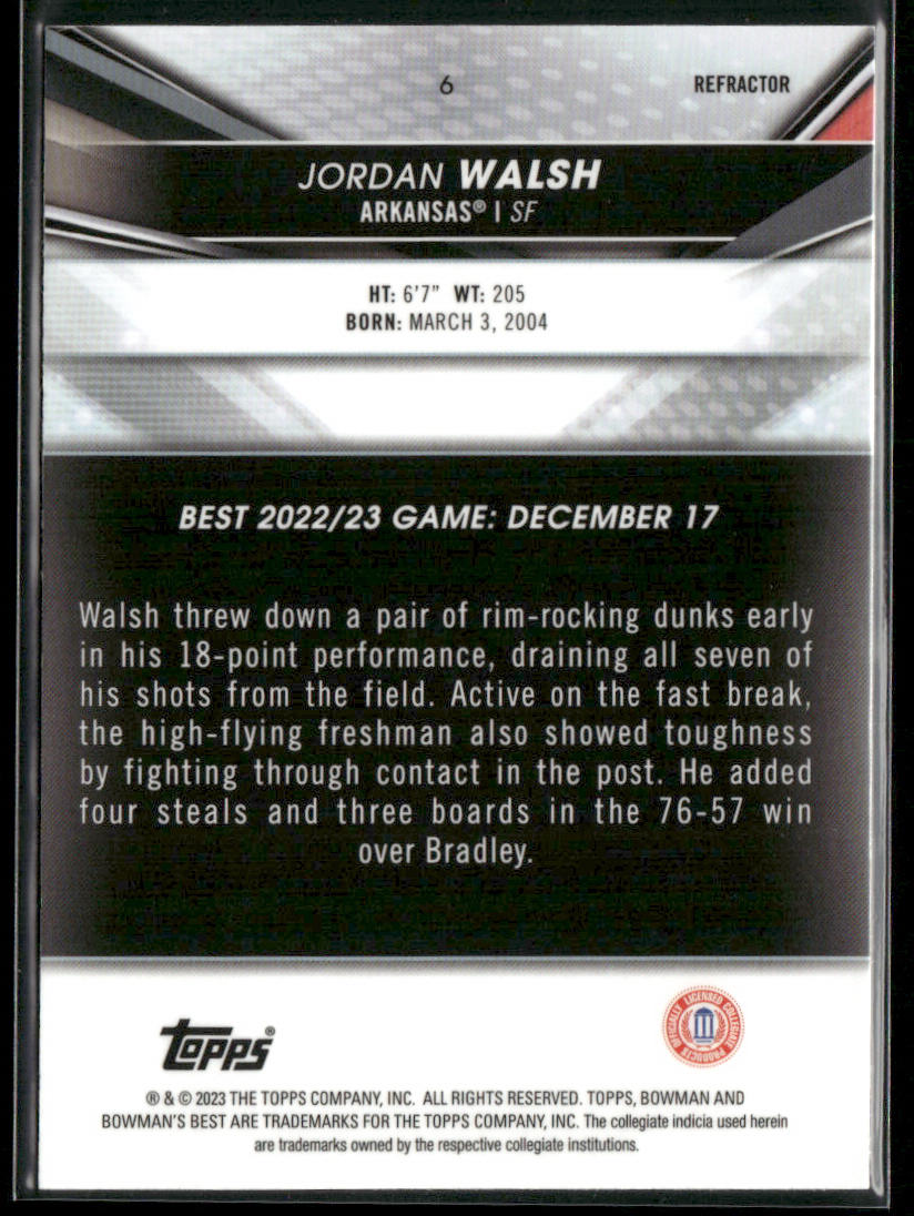 Jordan Walsh 2022-23 Bowman University Best Refractors #6 Arkansas Razorbacks