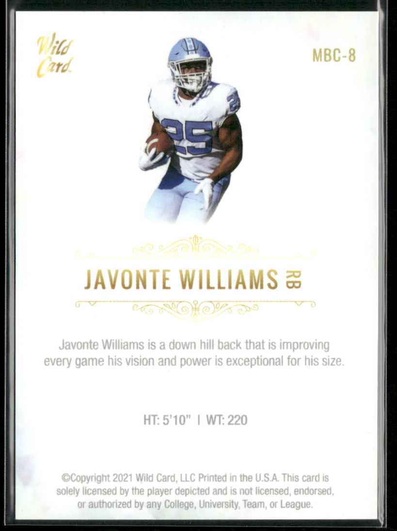 Javonte Williams 2021 Wild Card Matte White #MBC-8 North Carolina Tar Heels