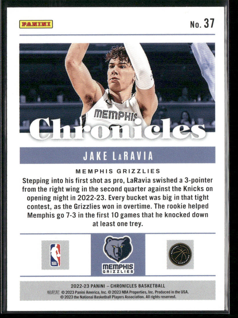 Jake LaRavia 2022-23 Panini Chronicles #37 RC Memphis Grizzlies