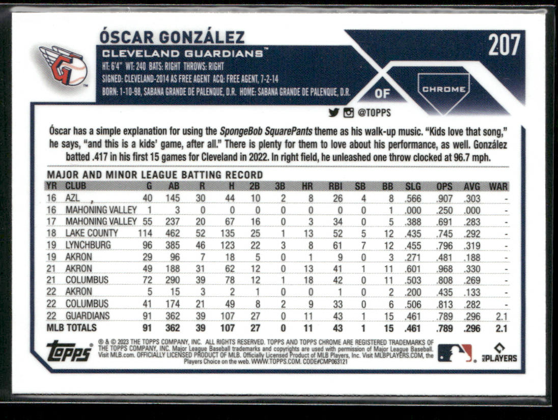 Óscar González 2023 Topps Chrome X-Fractors #207 Cleveland Guardians