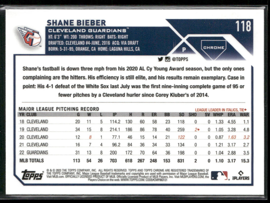Shane Bieber 2023 Topps Chrome Pink Refractors #118 Cleveland Guardians