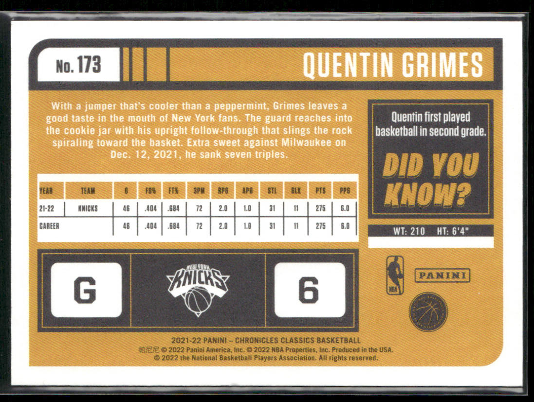Quentin Grimes 2021-22 Panini Chronicles #173 RC New York Knicks