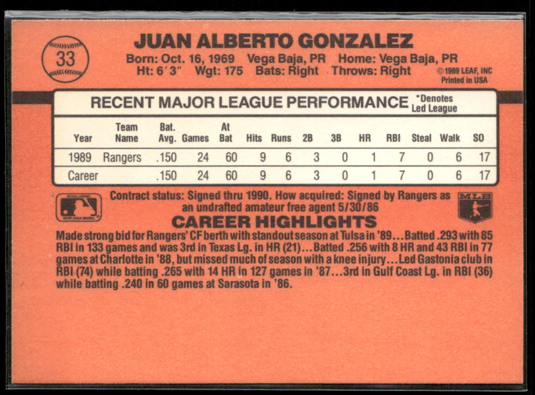 Juan Gonzalez 1990 Donruss #33d RC Texas Rangers