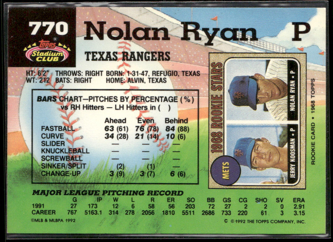 Nolan Ryan 1992 Stadium Club #770b Texas Rangers