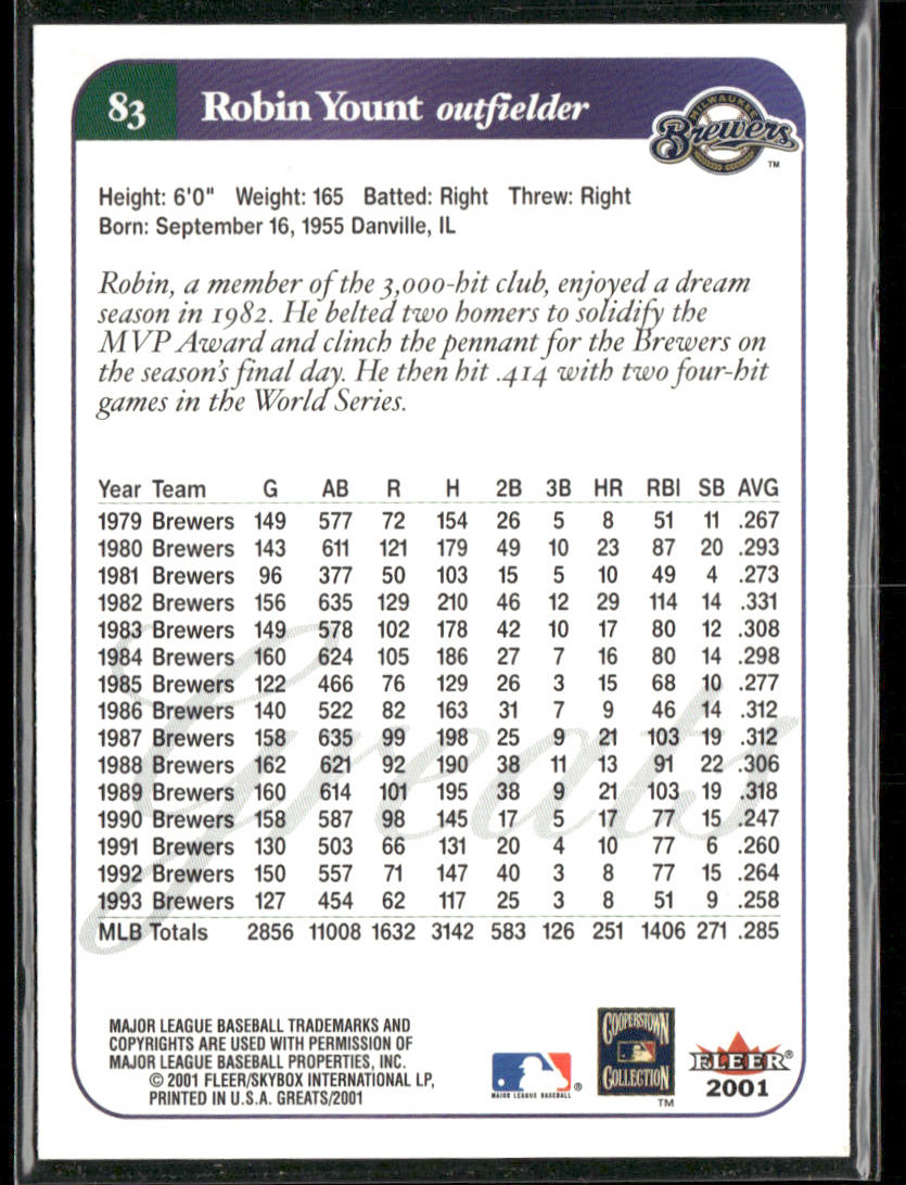 Robin Yount 2001 Fleer Greats of the Game #83 Milwaukee Brewers