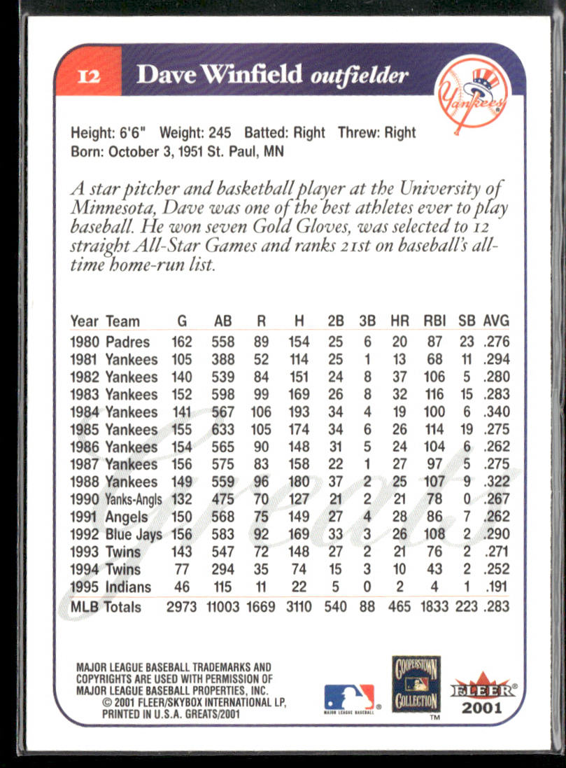 Dave Winfield 2001 Fleer Greats of the Game #12 New York Yankees