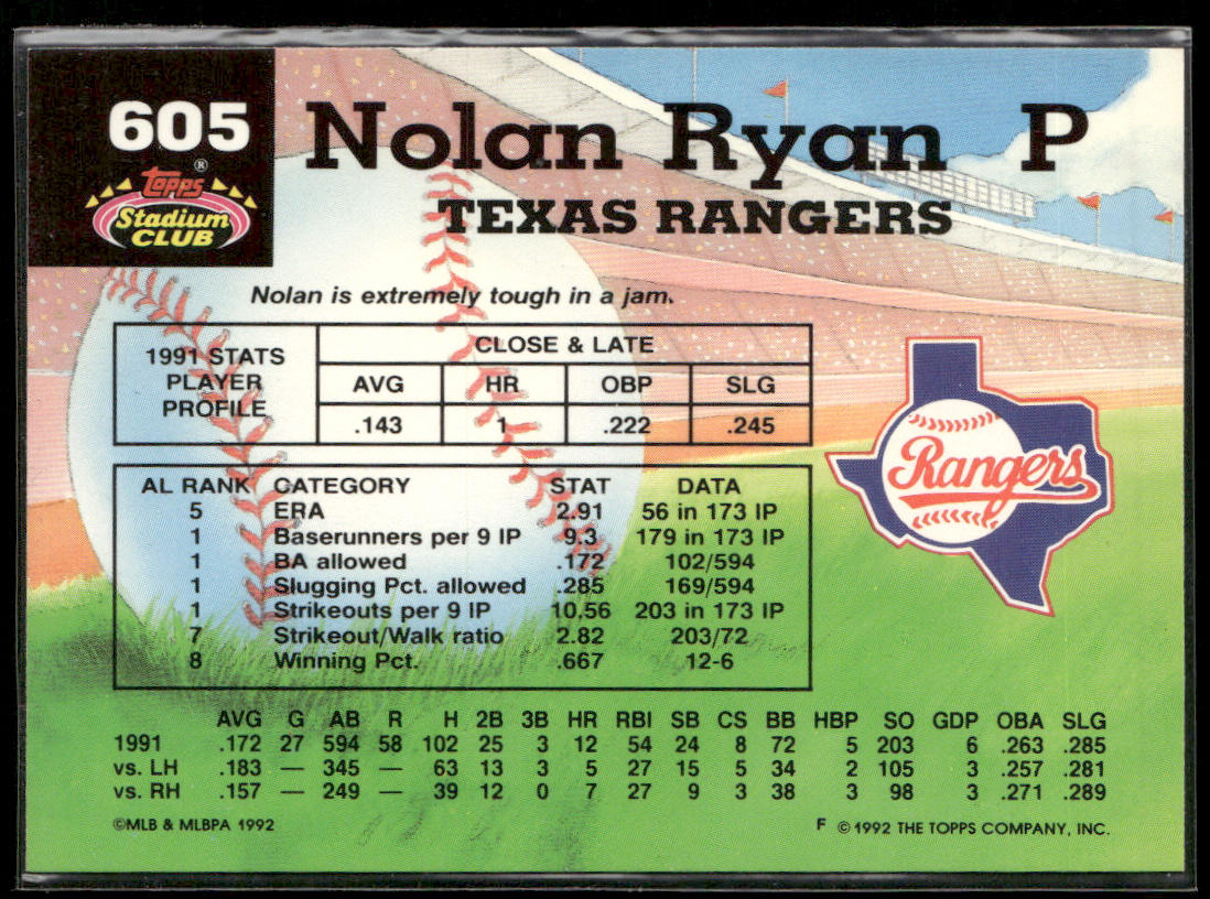 Nolan Ryan 1992 Stadium Club #605b Texas Rangers