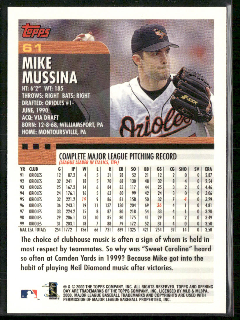 Mike Mussina 2000 Topps Opening Day #61 Baltimore Orioles back