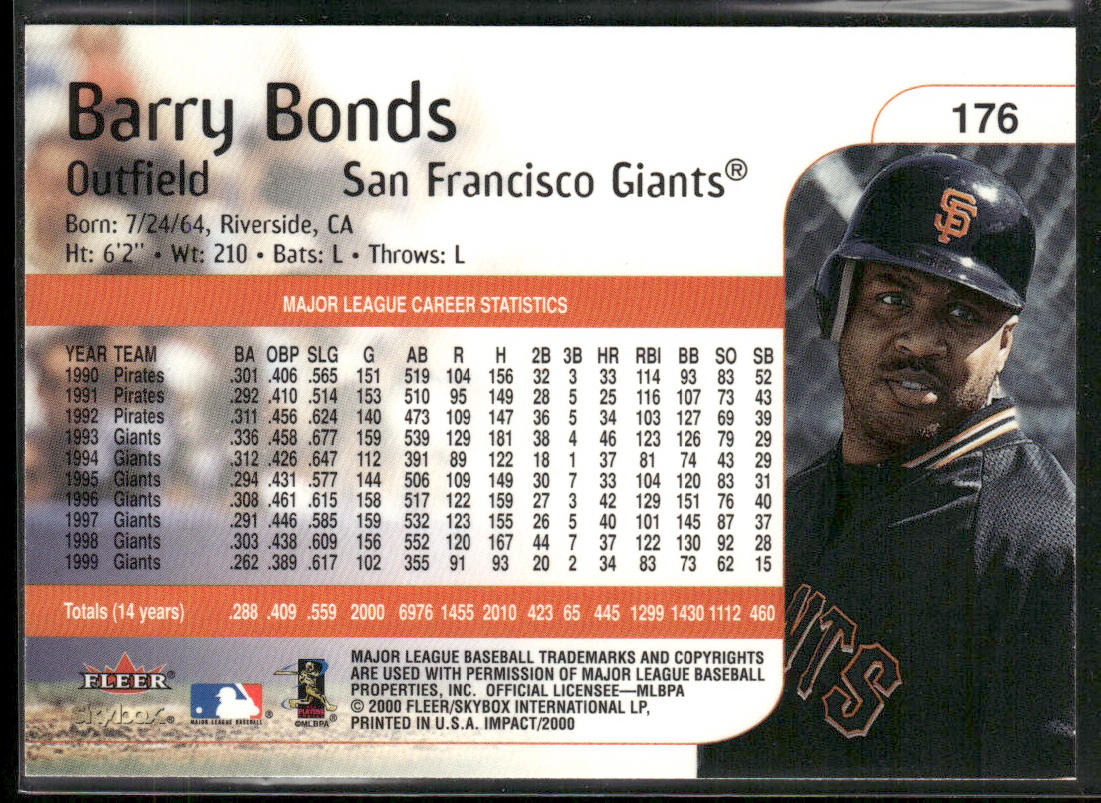 Barry Bonds 2000 Fleer Impact #176 San Francisco Giants back