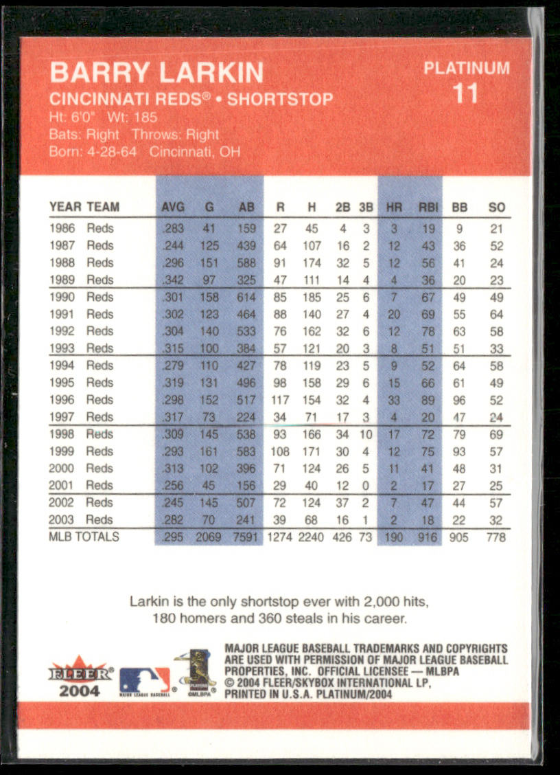 Barry Larkin 2004 Fleer Platinum #11 Cincinnati Reds