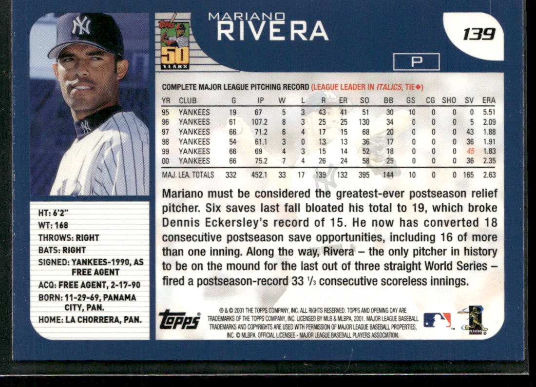 Mariano Rivera 2001 Topps Opening Day #139 New York Yankees back