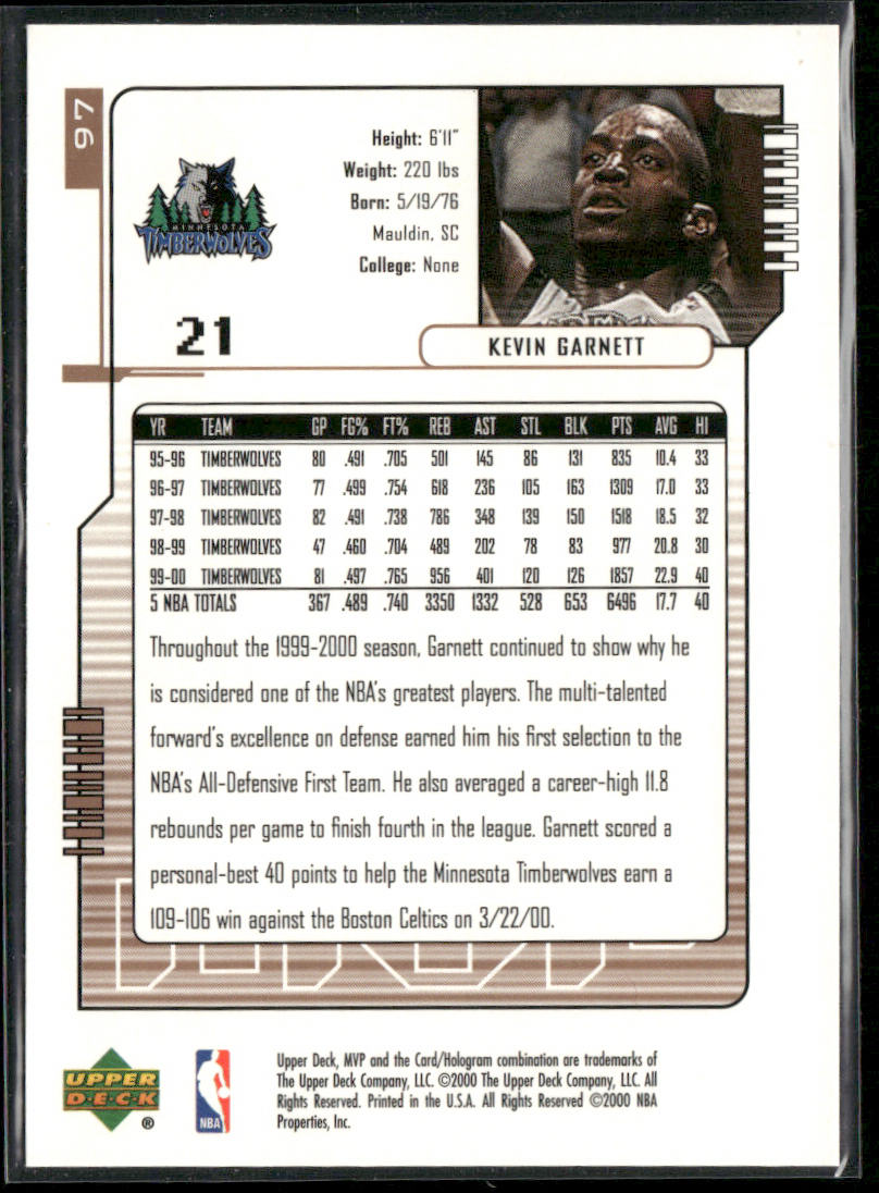 Kevin Garnett 2000-01 Upper Deck MVP #97 Minnesota Timberwolves