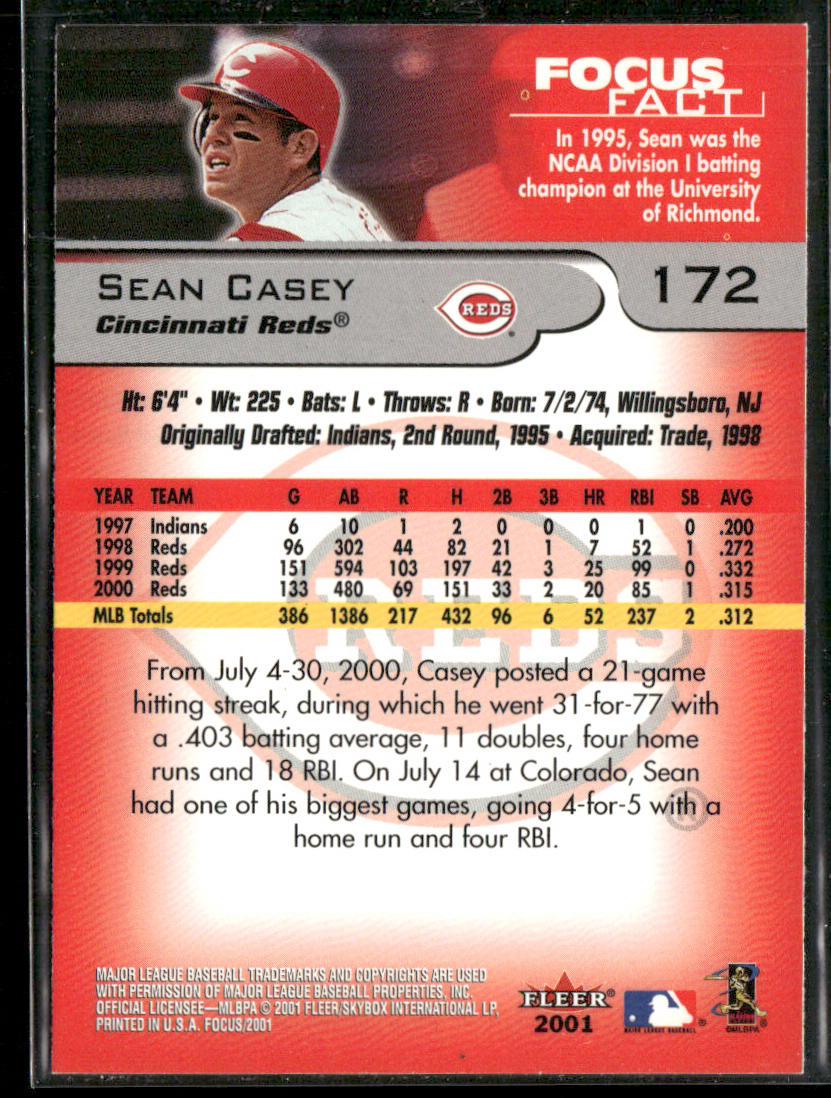 Sean Casey 2001 Fleer Focus #172 Cincinnati Reds back