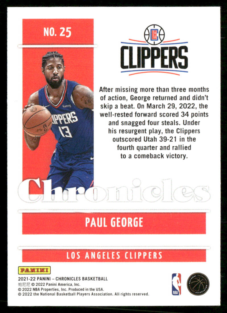 Paul George 2021-22 Panini Chronicles #25 Los Angeles Clippers